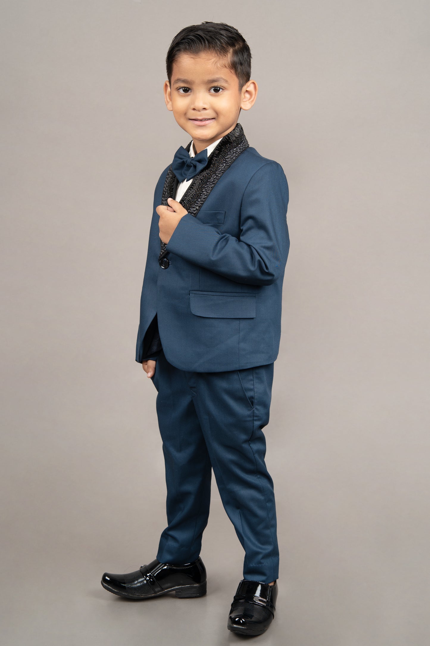 Prussian Blue Laple Embroidered Tuxedo/shirt/pant With Bow Tie Set