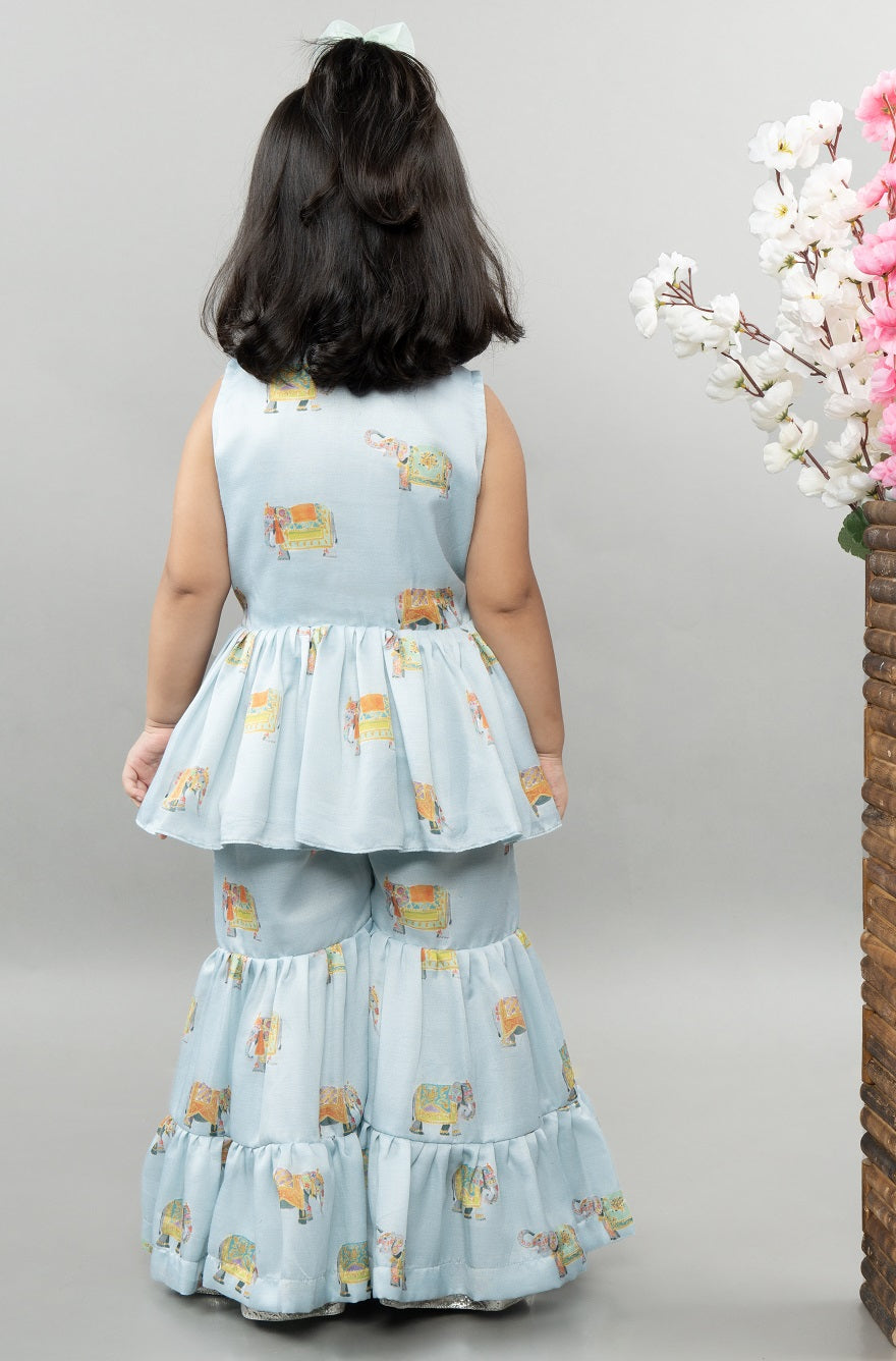 Powder Blue Elephant Print Gota Embroidery Sharara Set