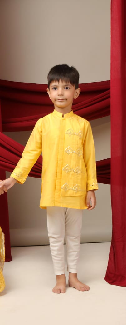 Yellow Kurta With Mirror Embroidery Flap Attached With Pajama Set