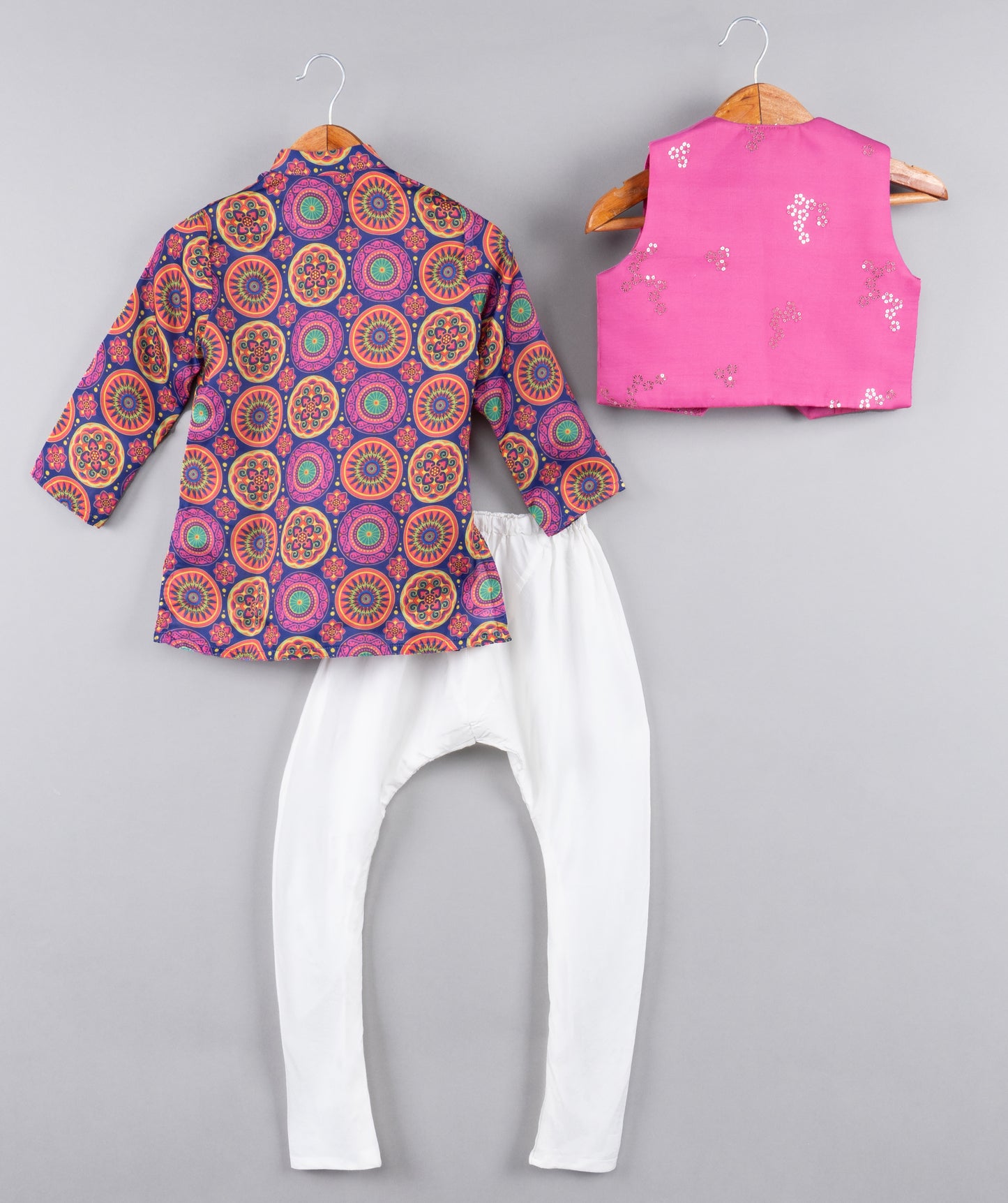 Printed Kurta With Bright Pink Sequence Jacket With Churidar Set