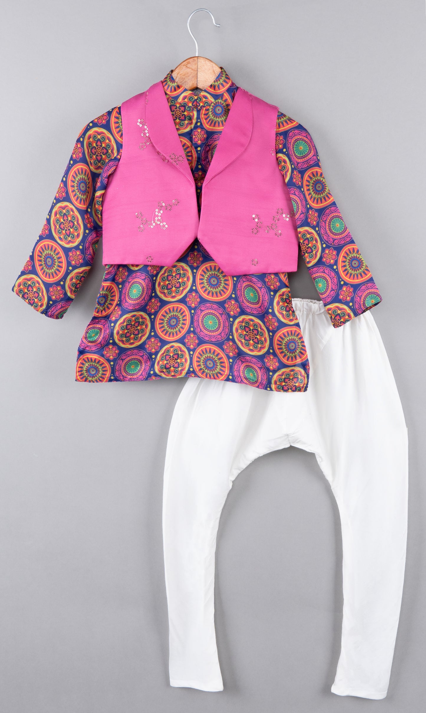 Printed Kurta With Bright Pink Sequence Jacket With Churidar Set