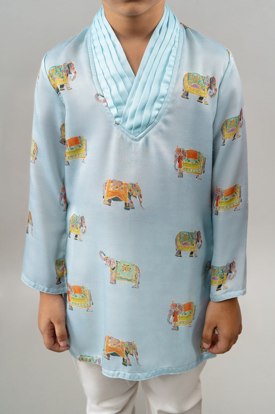 Powder Blue Elephant Print Kurta With Churidar Set