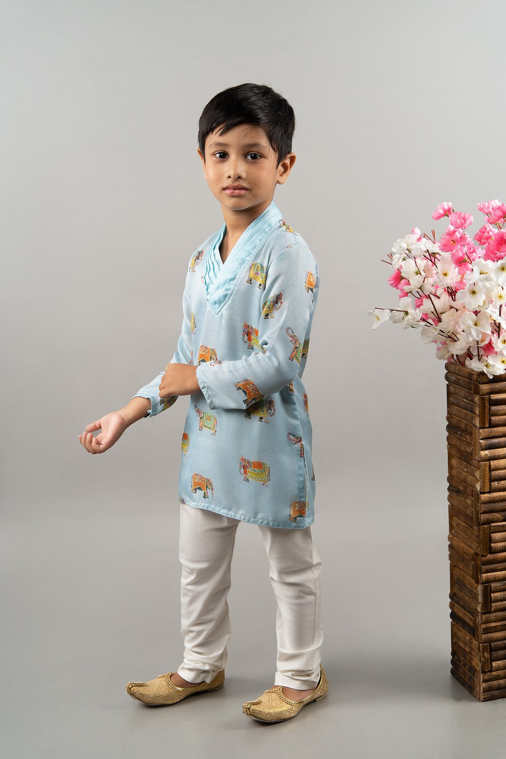 Powder Blue Elephant Print Kurta With Churidar Set