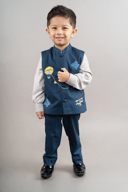 Grey Shirt/Dark Blue Pant/Dark Blue Embroidered Half Bandhgala Set