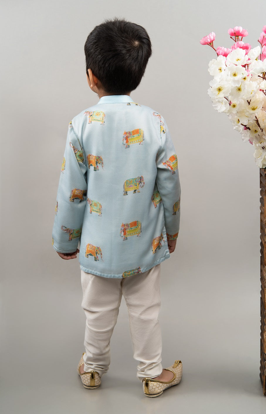 Powder Blue Indo Western Elephant Print Attached Jacket With Churidar Set