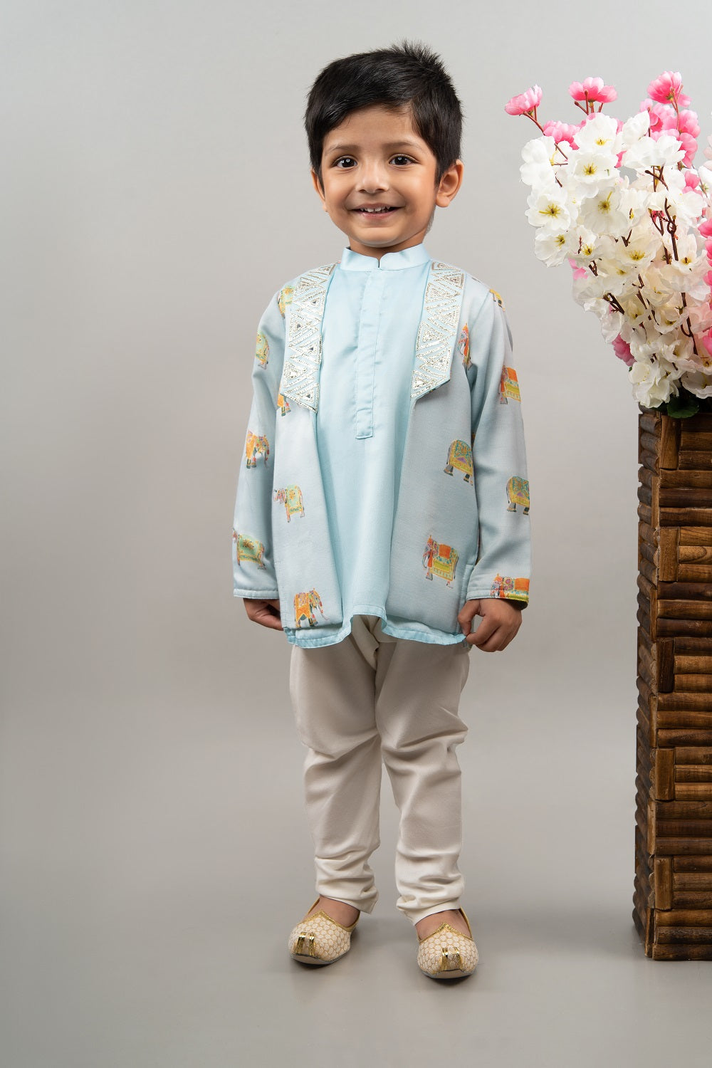 Powder Blue Indo Western Elephant Print Attached Jacket With Churidar Set
