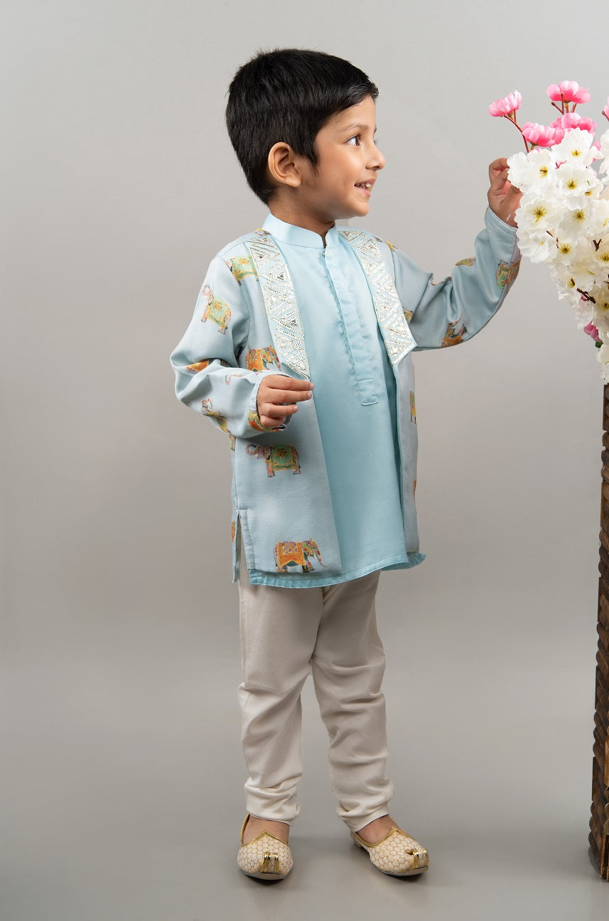 Powder Blue Indo Western Elephant Print Attached Jacket With Churidar Set