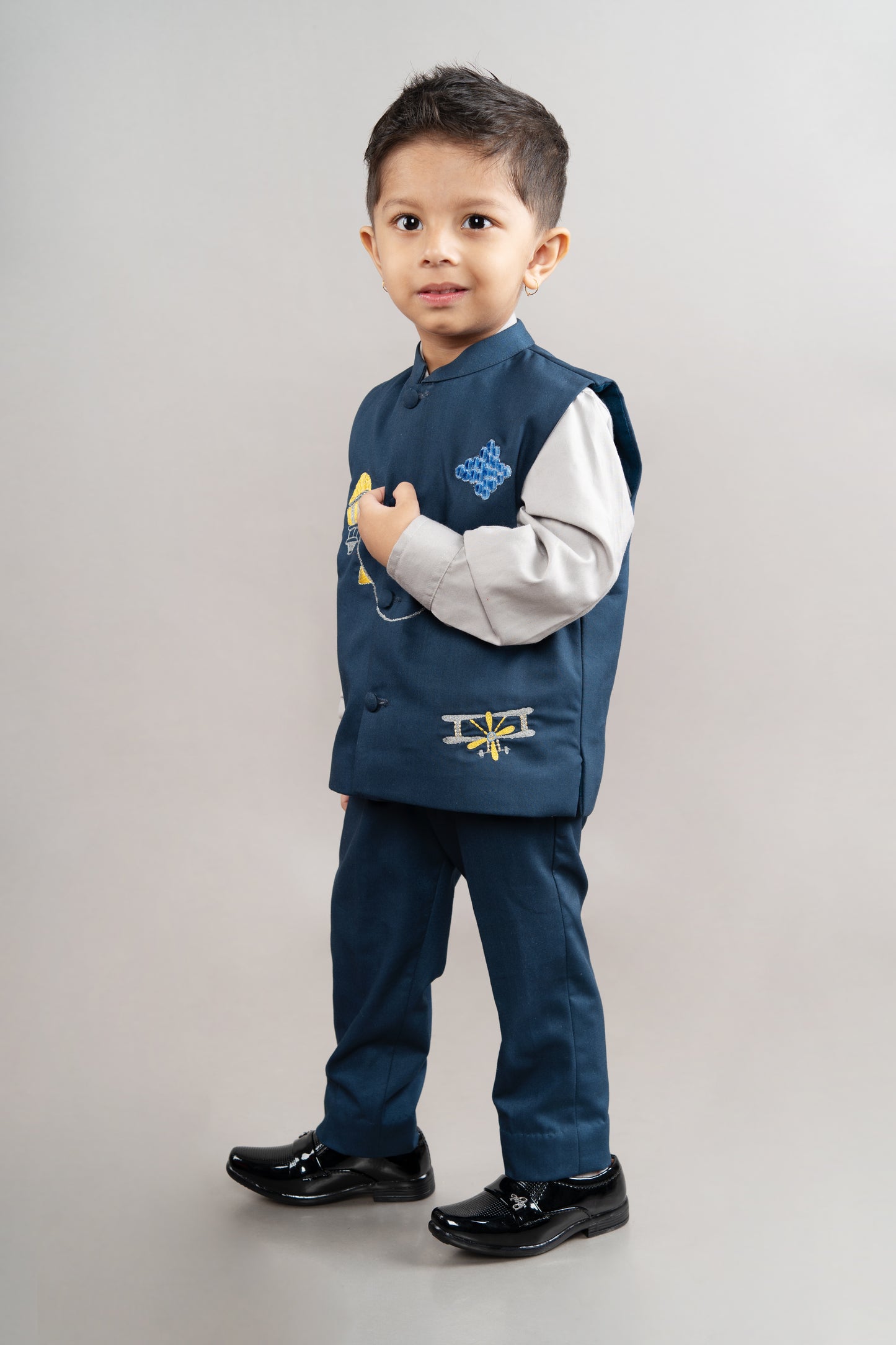 Grey Shirt/Dark Blue Pant/Dark Blue Embroidered Half Bandhgala Set