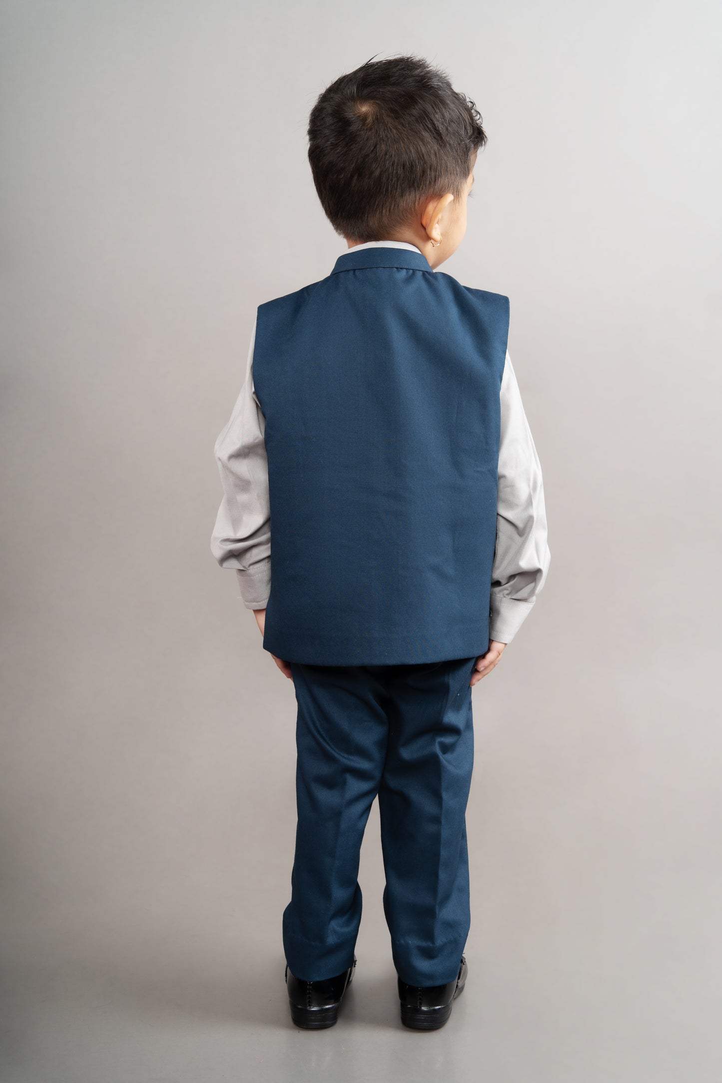 Grey Shirt/Dark Blue Pant/Dark Blue Embroidered Half Bandhgala Set