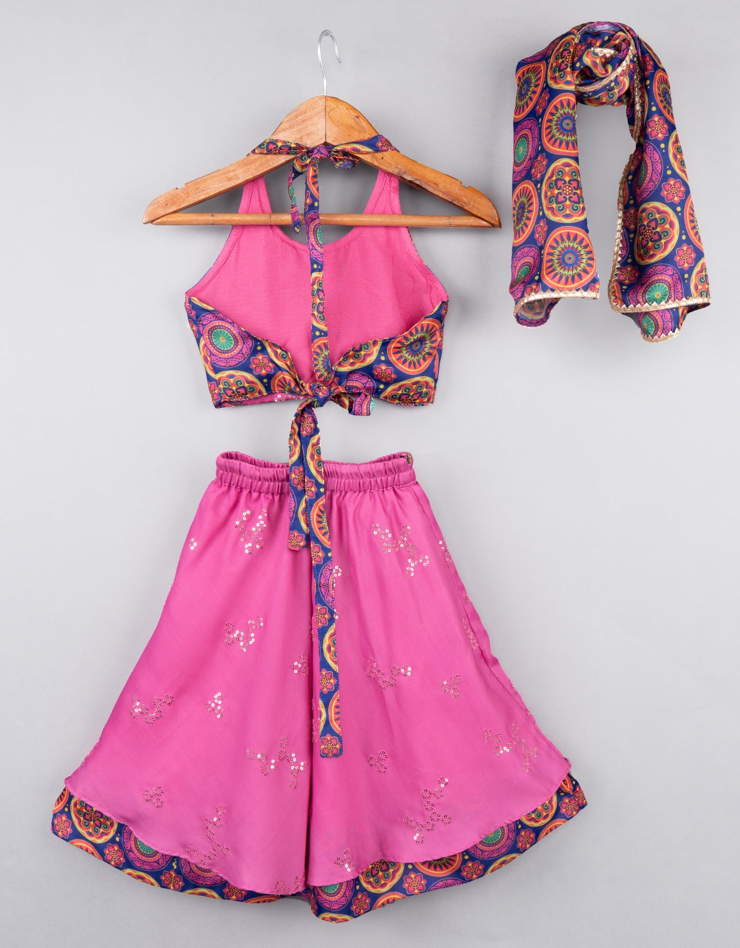 Bright Pink Sequence Halter Top And Ghagara Set