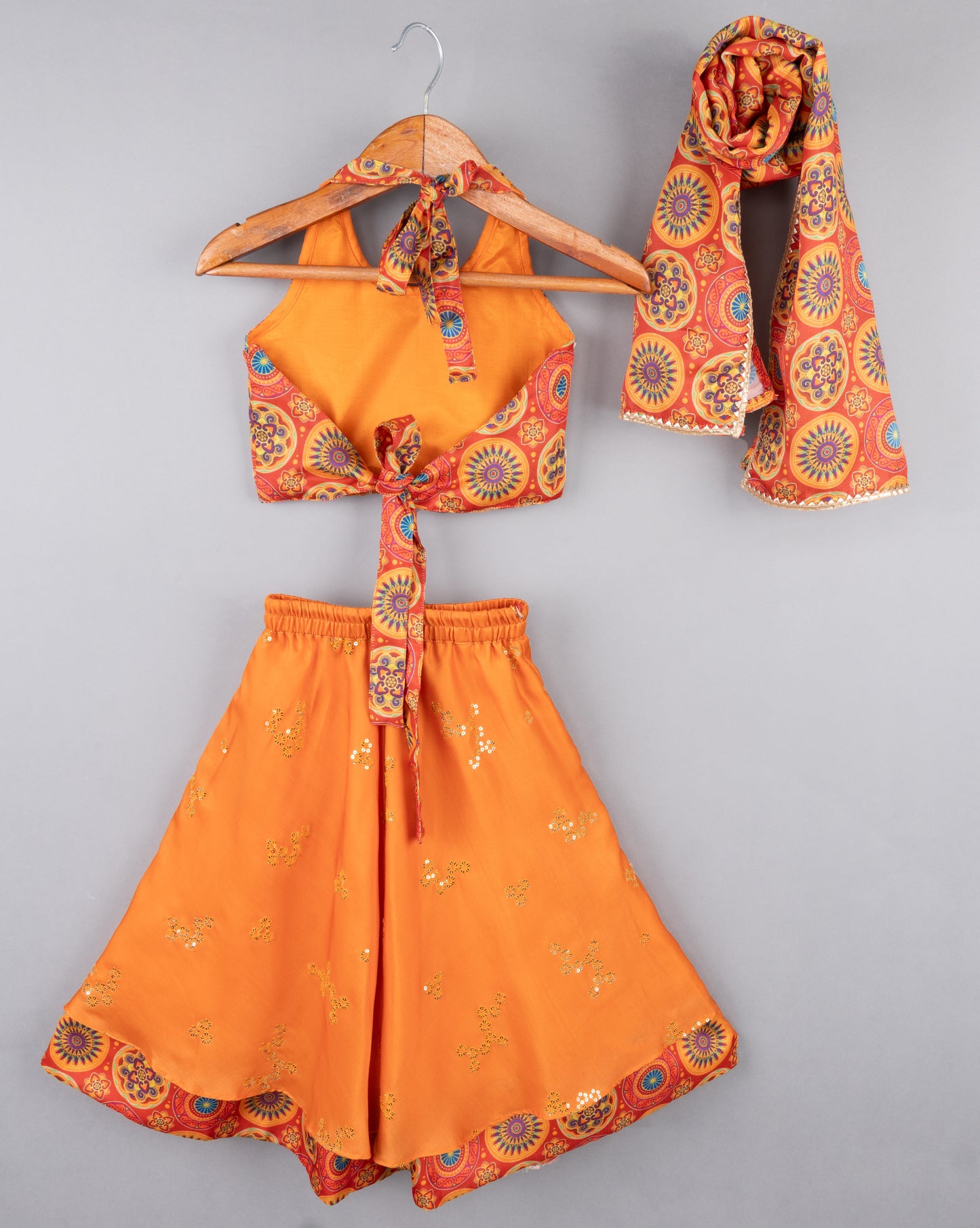 Orange Sequence Halter Top And Ghagara Set