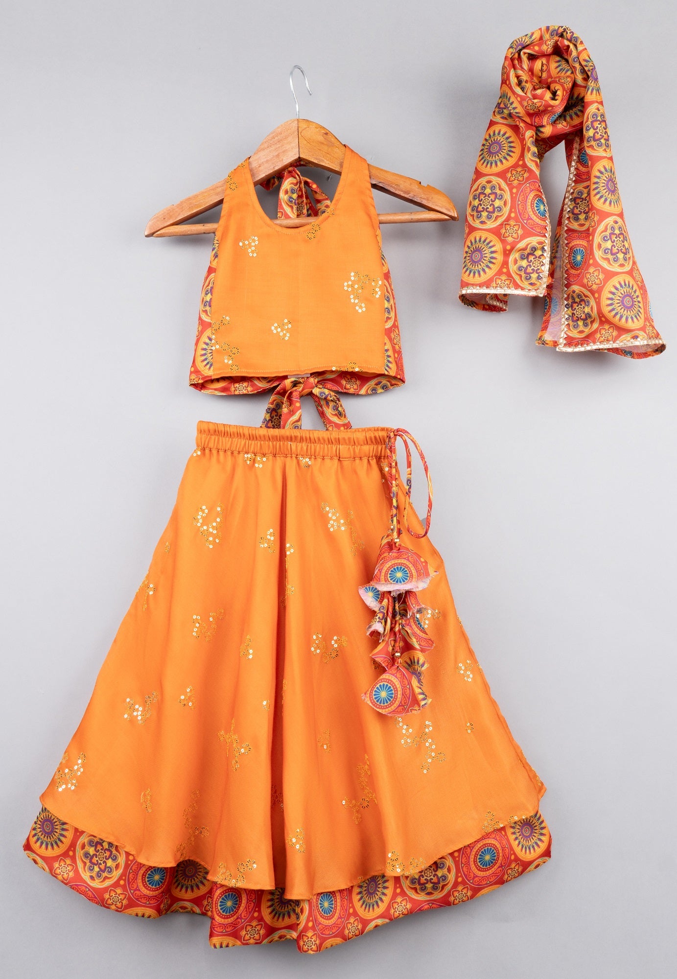 Orange Sequence Halter Top And Ghagara Set