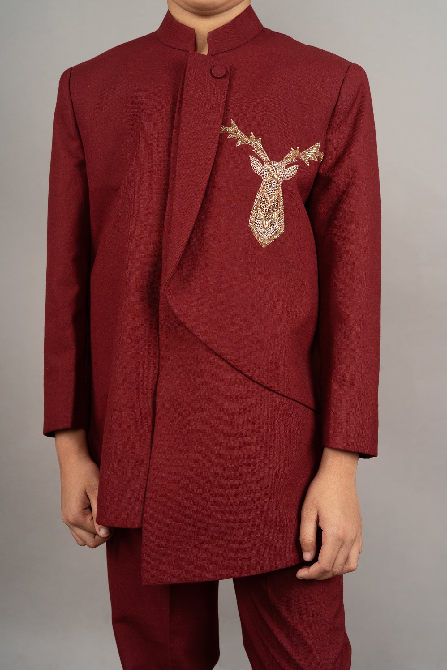 Marun Bandgala With Raindeer Hand Embroidered With Flap With Pant Set