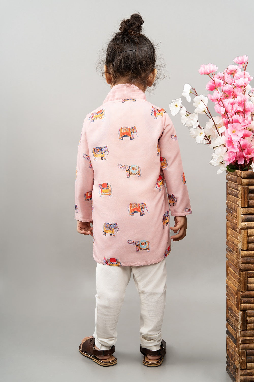 Powder Pink Elephant Print Kurta With Churidar Set