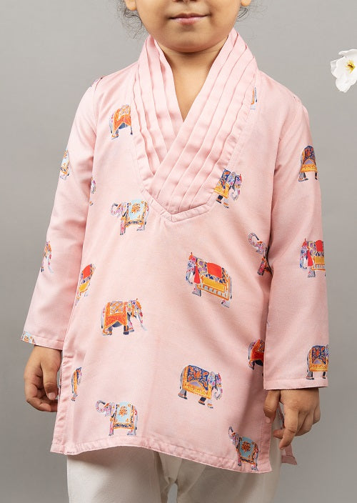 Powder Pink Elephant Print Kurta With Churidar Set