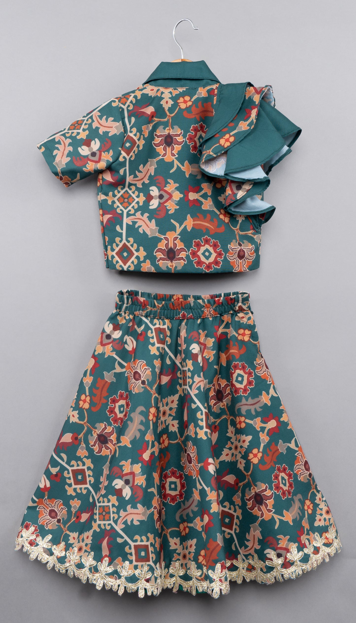 Bottel Green Ikkat Printed Jacket With Crop Top Blouse With Ghagara Set