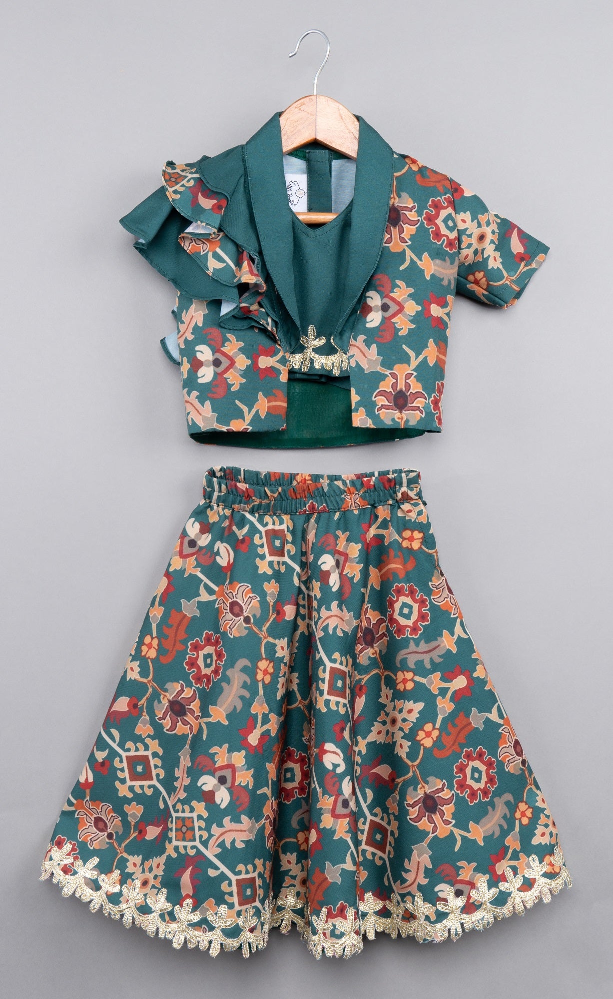Bottel Green Ikkat Printed Jacket With Crop Top Blouse With Ghagara Set