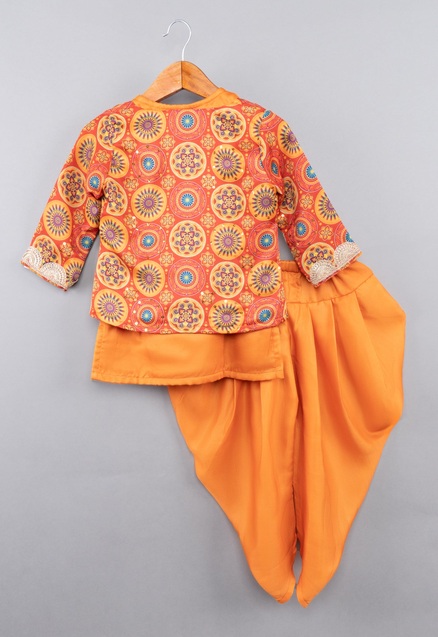 Orange Kurti With Printed Jacket And Dhoti Pant Set