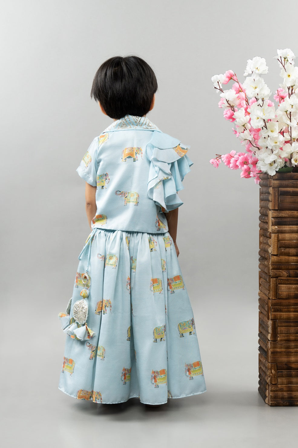 Powder Blue Elephant Print Jacket With Ghagara Set