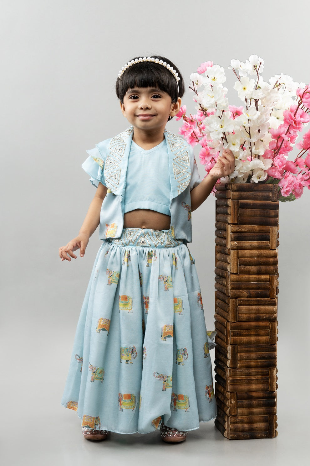 Powder Blue Elephant Print Jacket With Ghagara Set