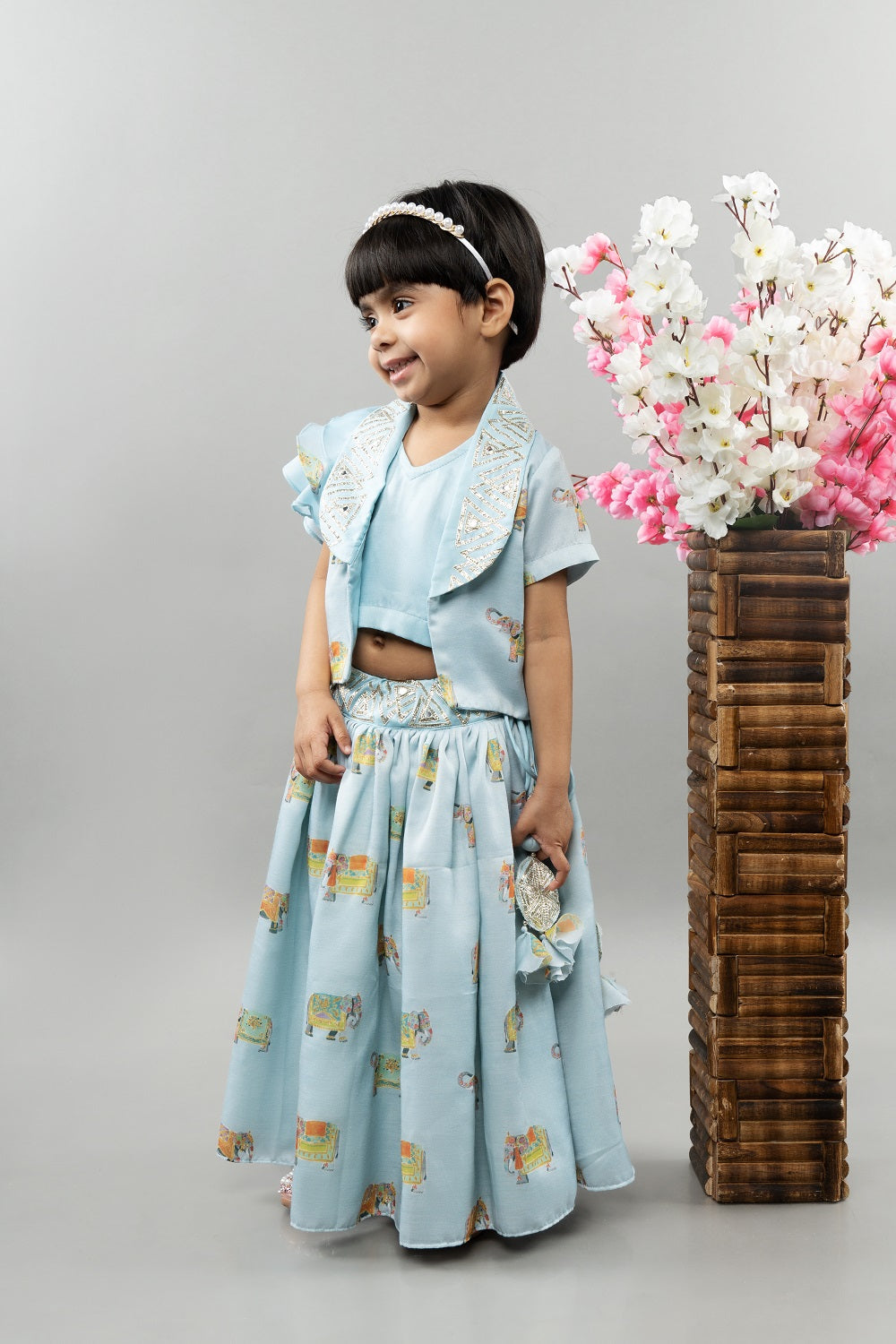 Powder Blue Elephant Print Jacket With Ghagara Set