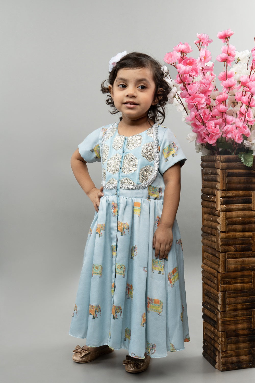 Powder Blue Elephant Print Front Open Gown