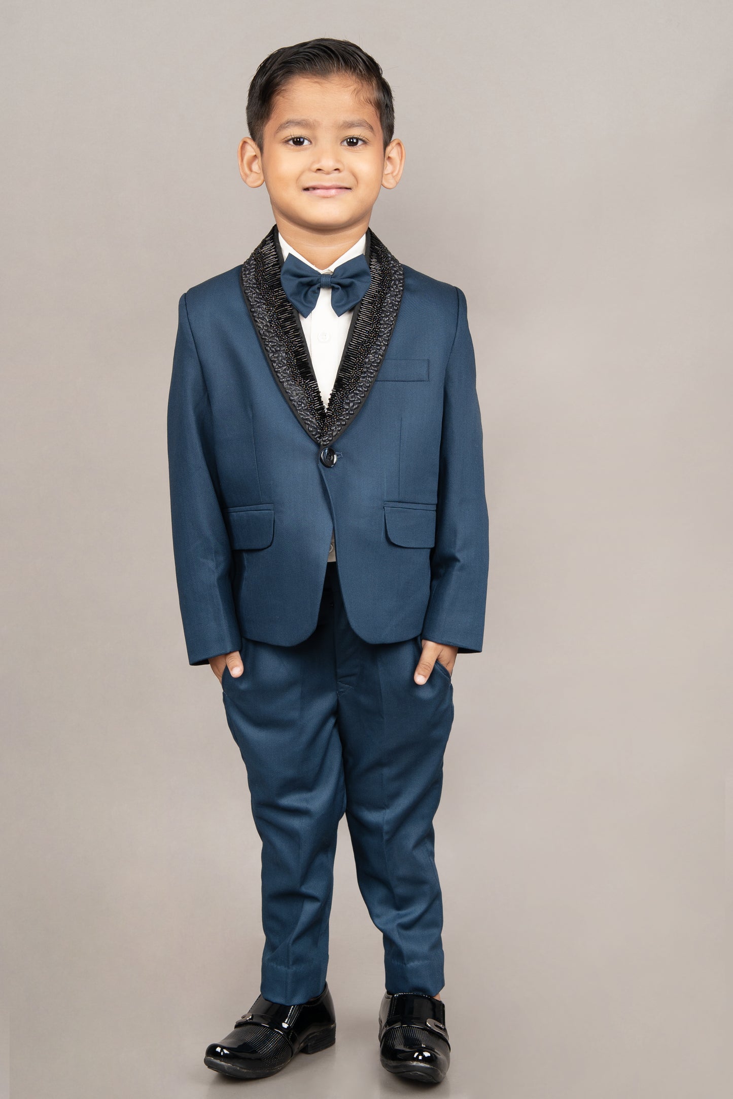 Prussian Blue Laple Embroidered Tuxedo/shirt/pant With Bow Tie Set