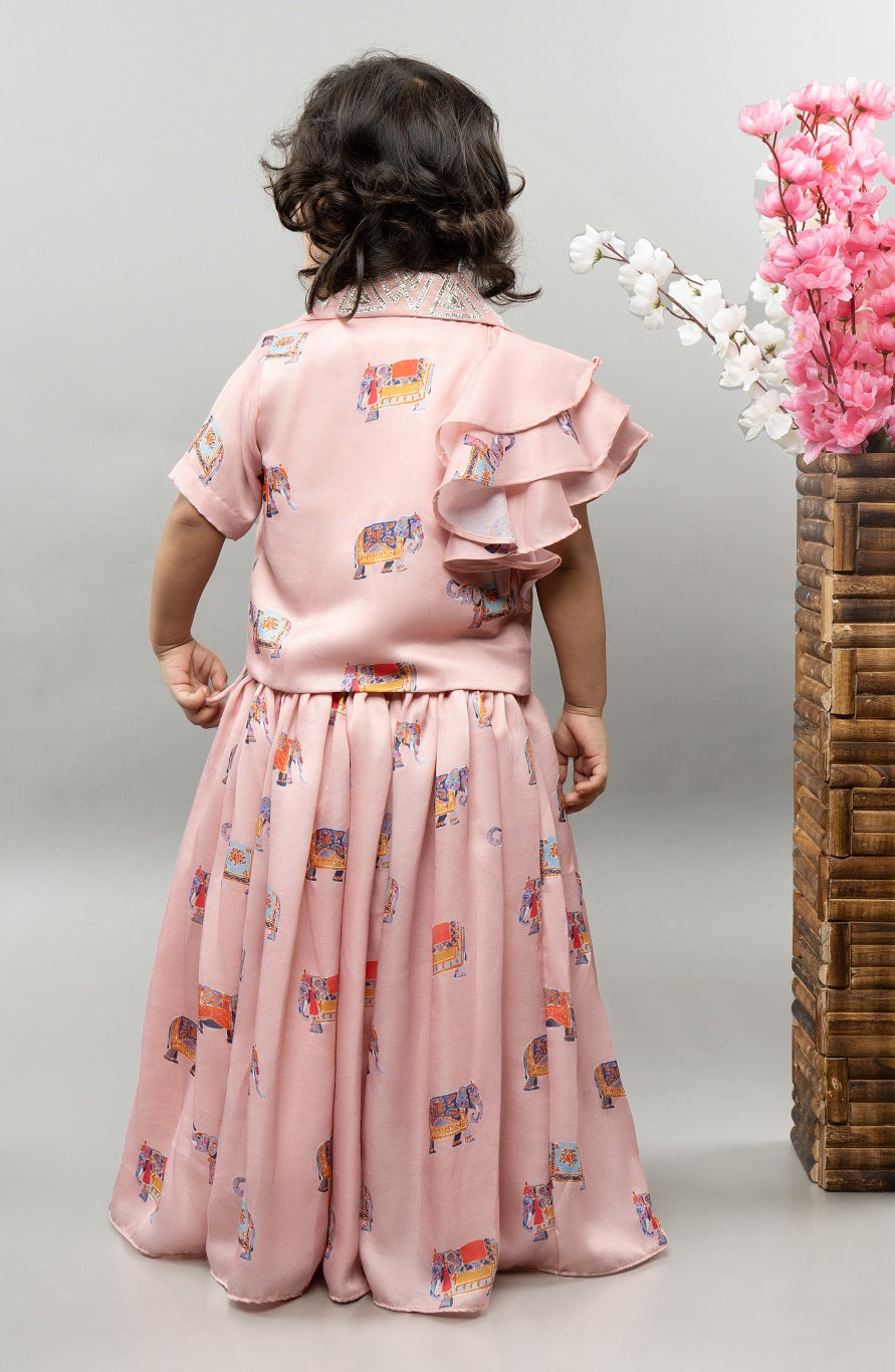 Powder Pink Elephant Print Jacket With Ghagara Set