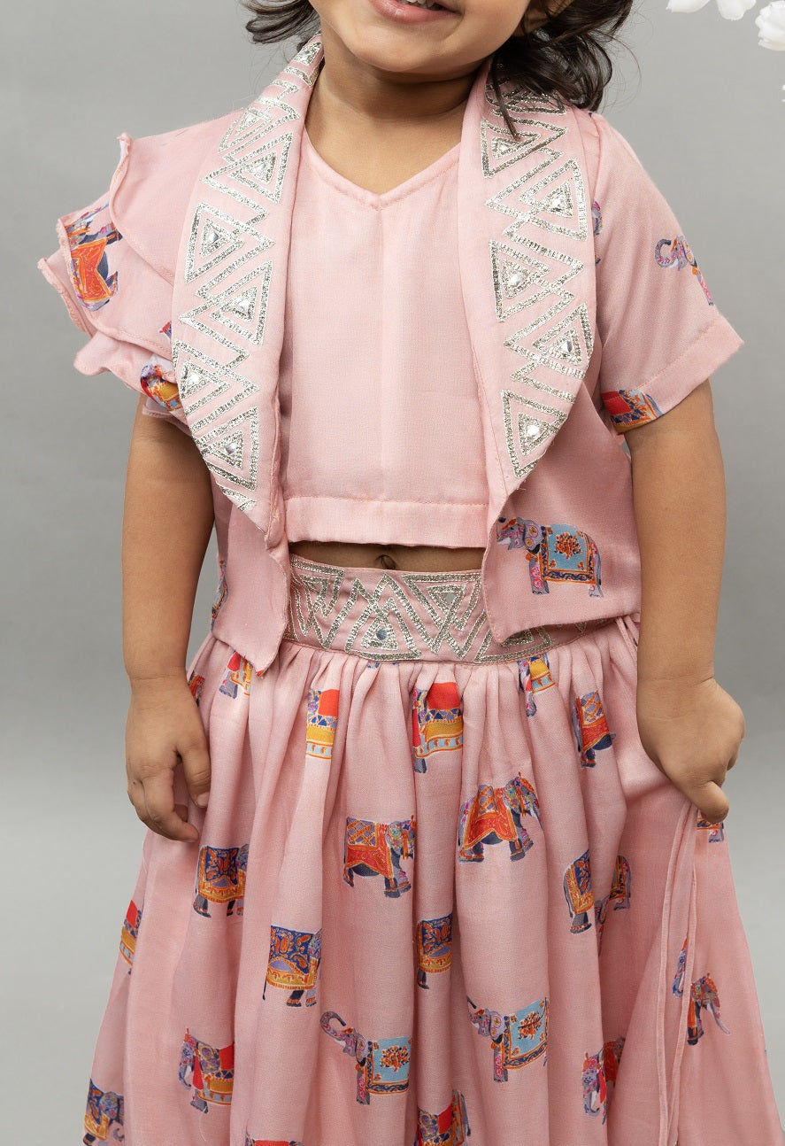 Powder Pink Elephant Print Jacket With Ghagara Set
