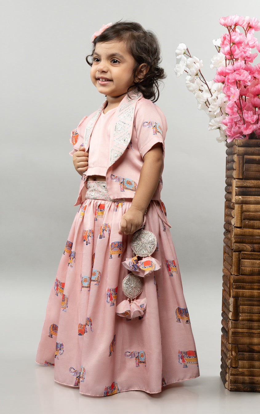 Powder Pink Elephant Print Jacket With Ghagara Set