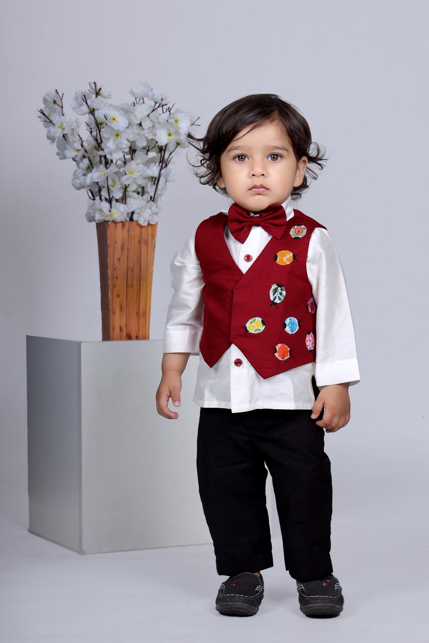 White Shirt Black Pant Maroon Waist Coat With Ladybird Applique Bow Tie Set