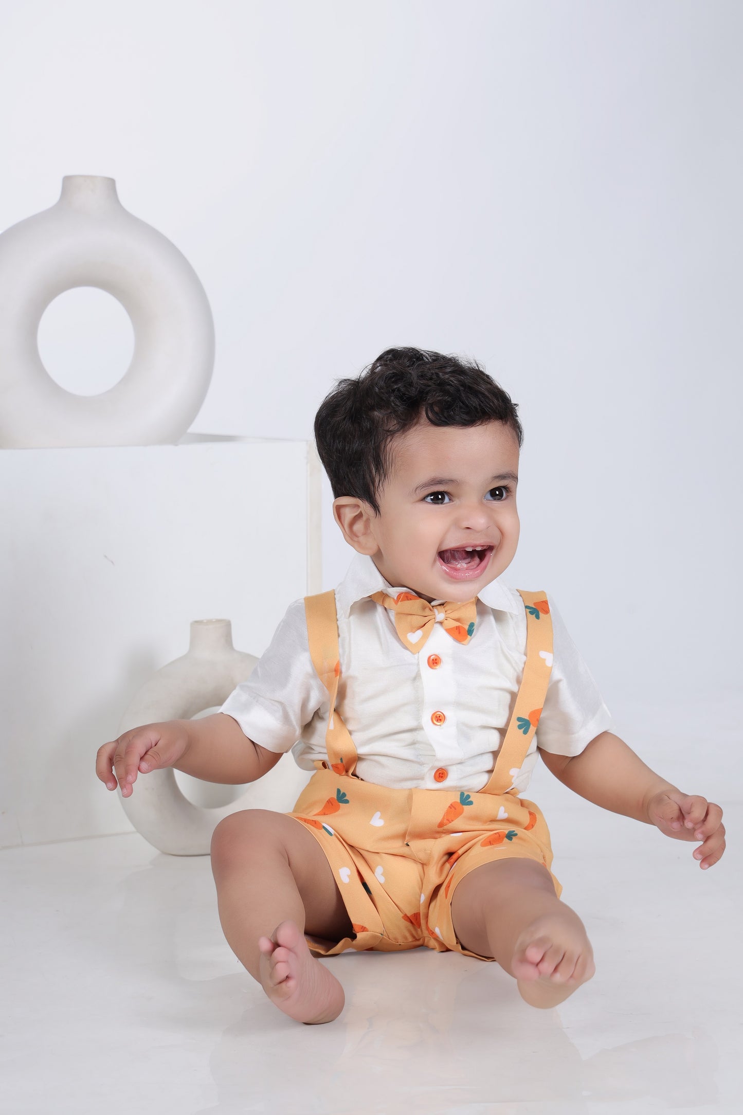 White Half Shirt/Orange Carrot Print  Half Pant Suspenders And Bow Tie Set
