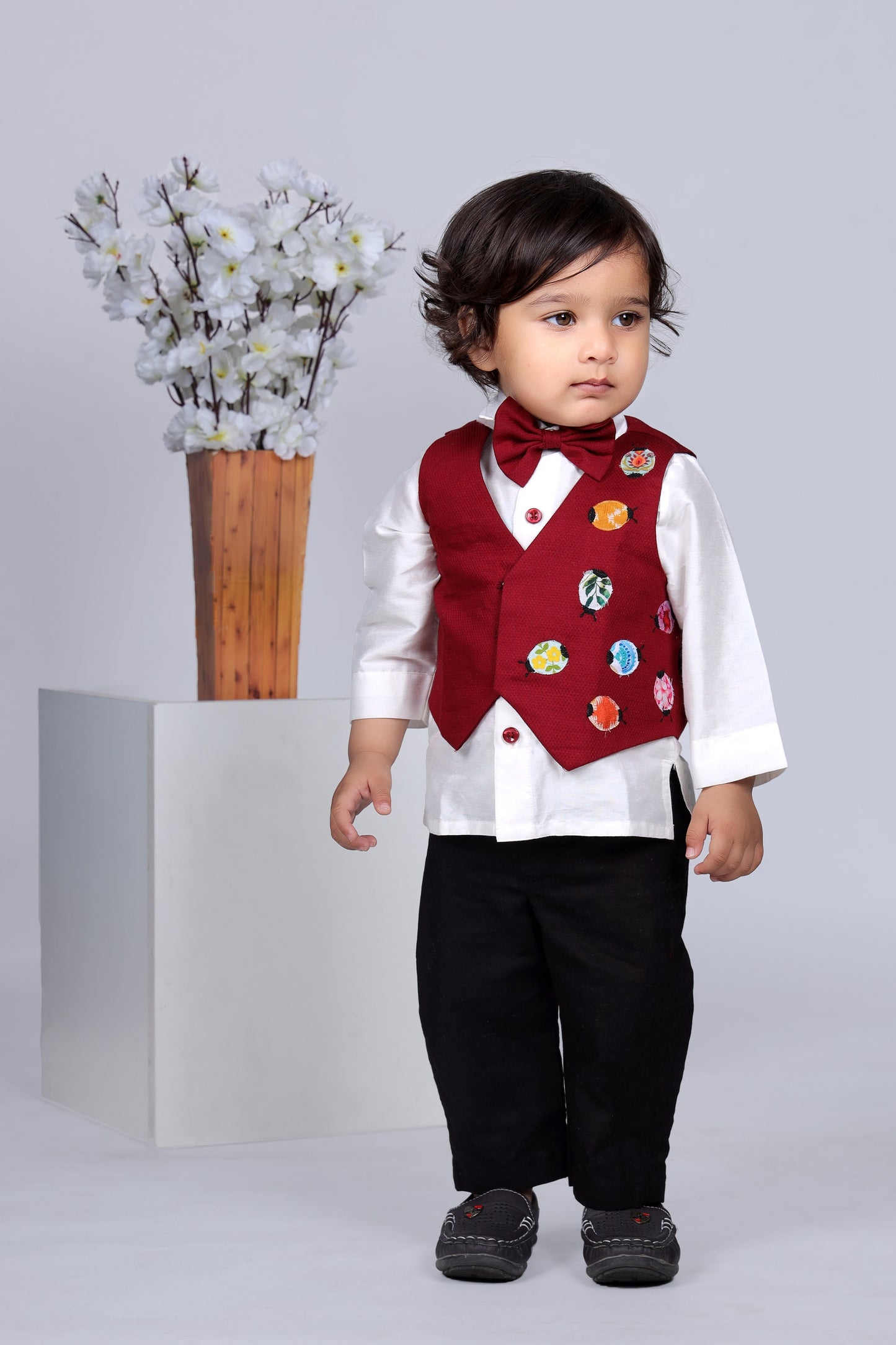 White Shirt Black Pant Maroon Waist Coat With Ladybird Applique Bow Tie Set