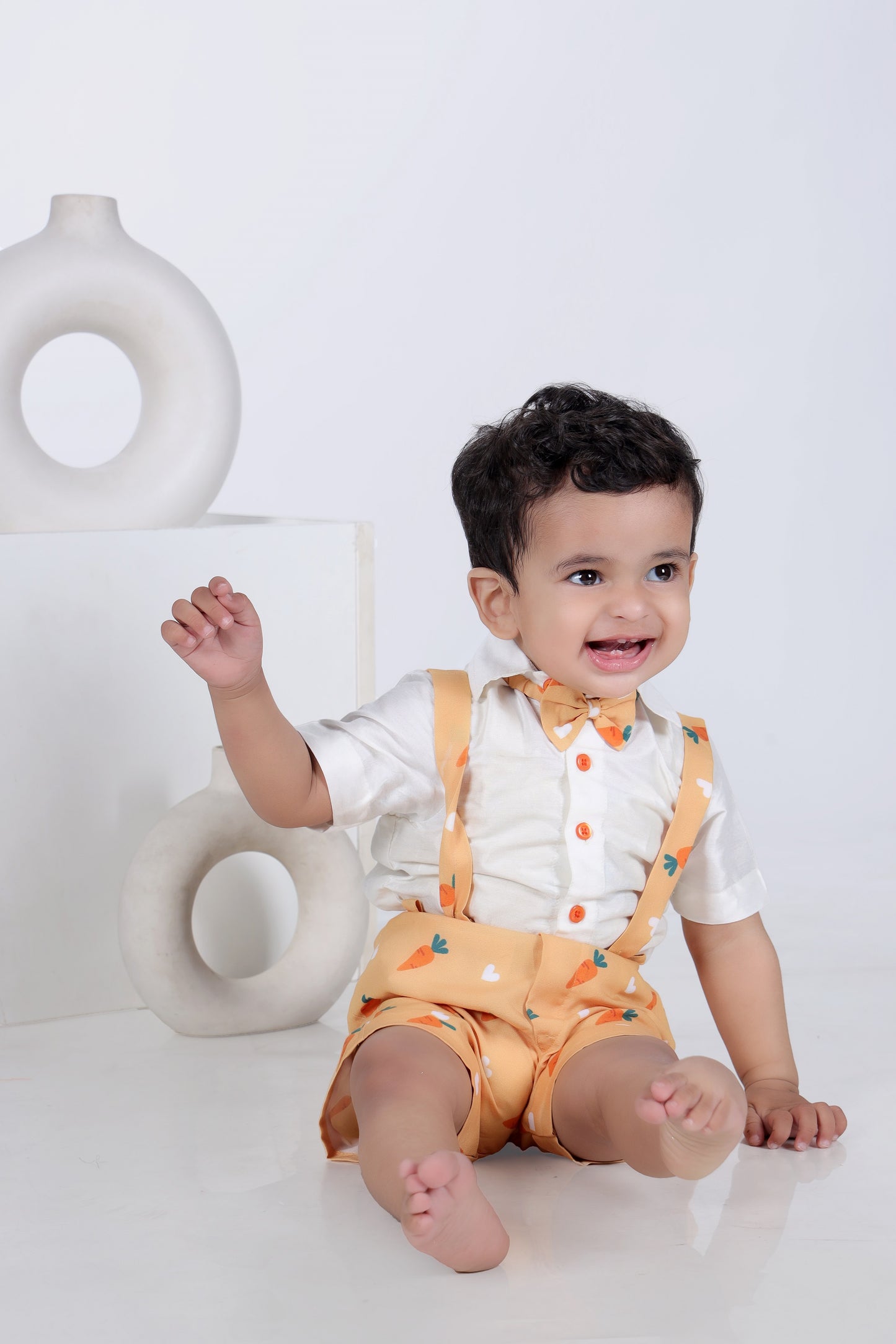 White Half Shirt/Orange Carrot Print  Half Pant Suspenders And Bow Tie Set