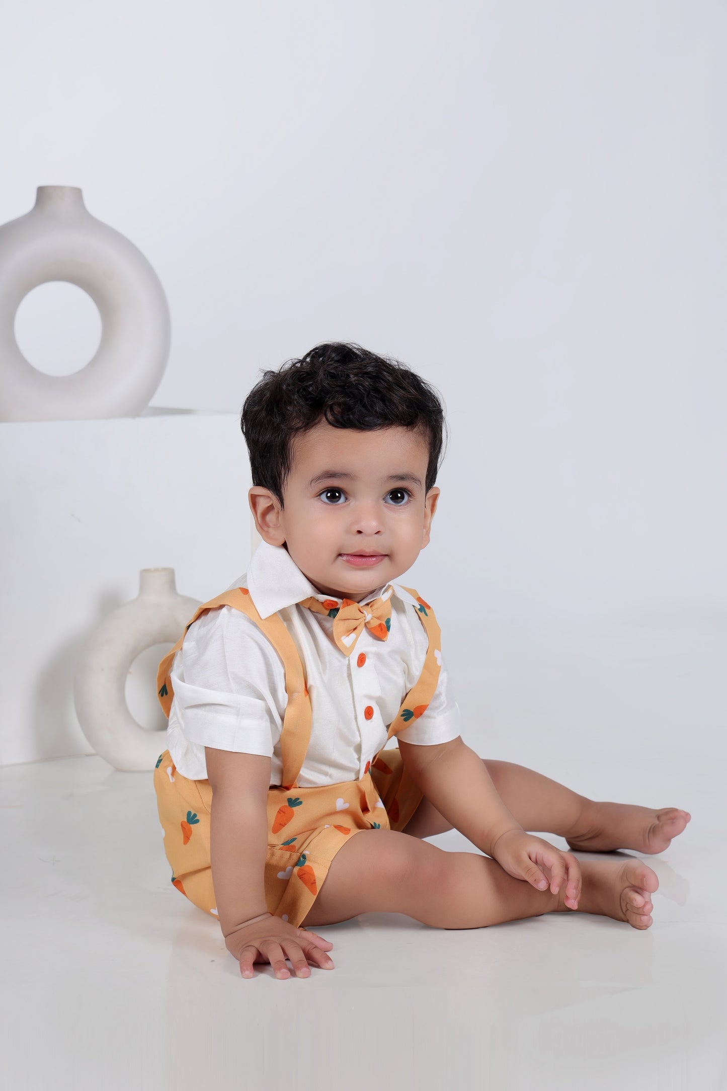 White Half Shirt/Orange Carrot Print  Half Pant Suspenders And Bow Tie Set
