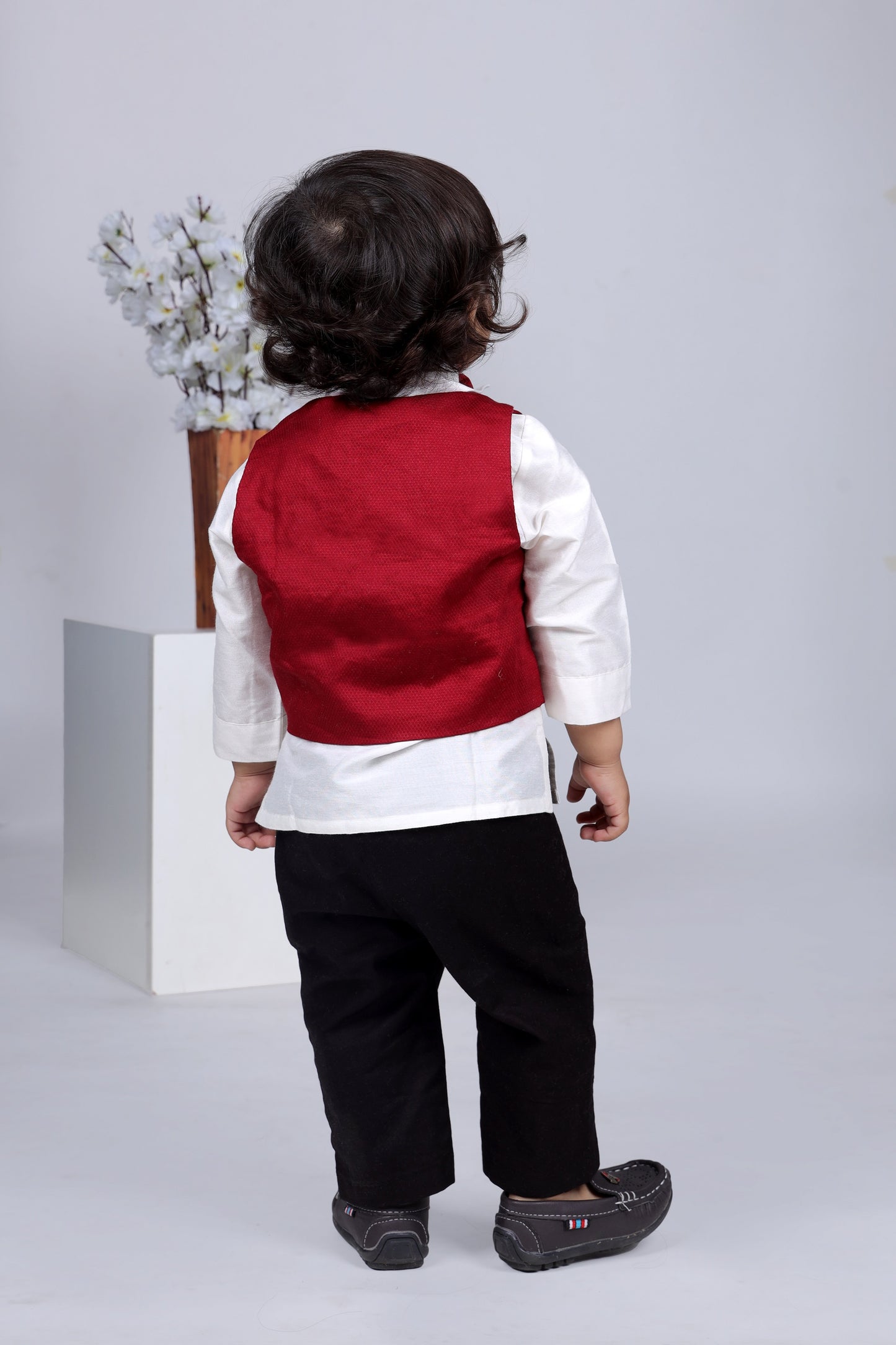 White Shirt Black Pant Maroon Waist Coat With Ladybird Applique Bow Tie Set