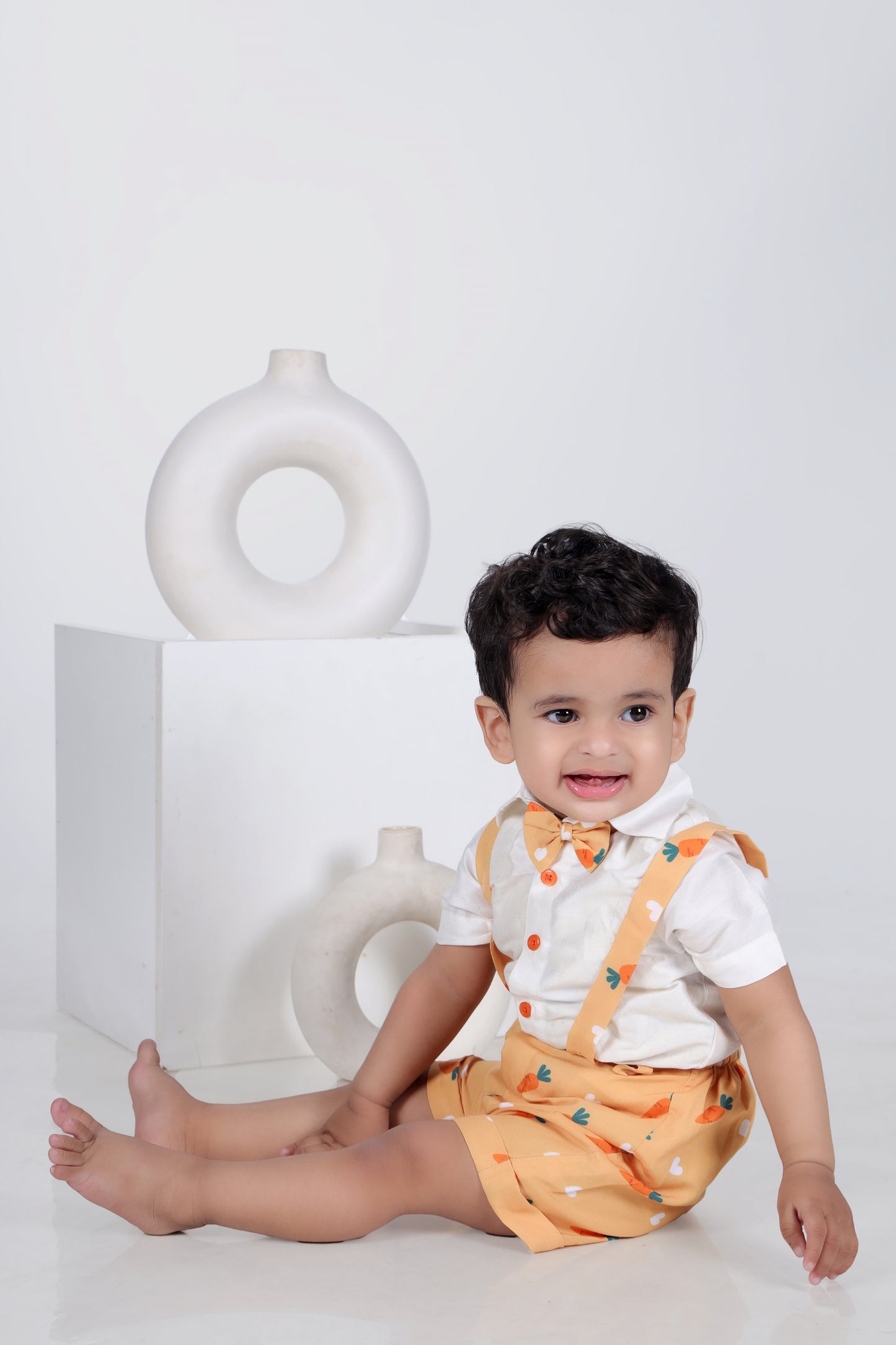 White Half Shirt/Orange Carrot Print  Half Pant Suspenders And Bow Tie Set
