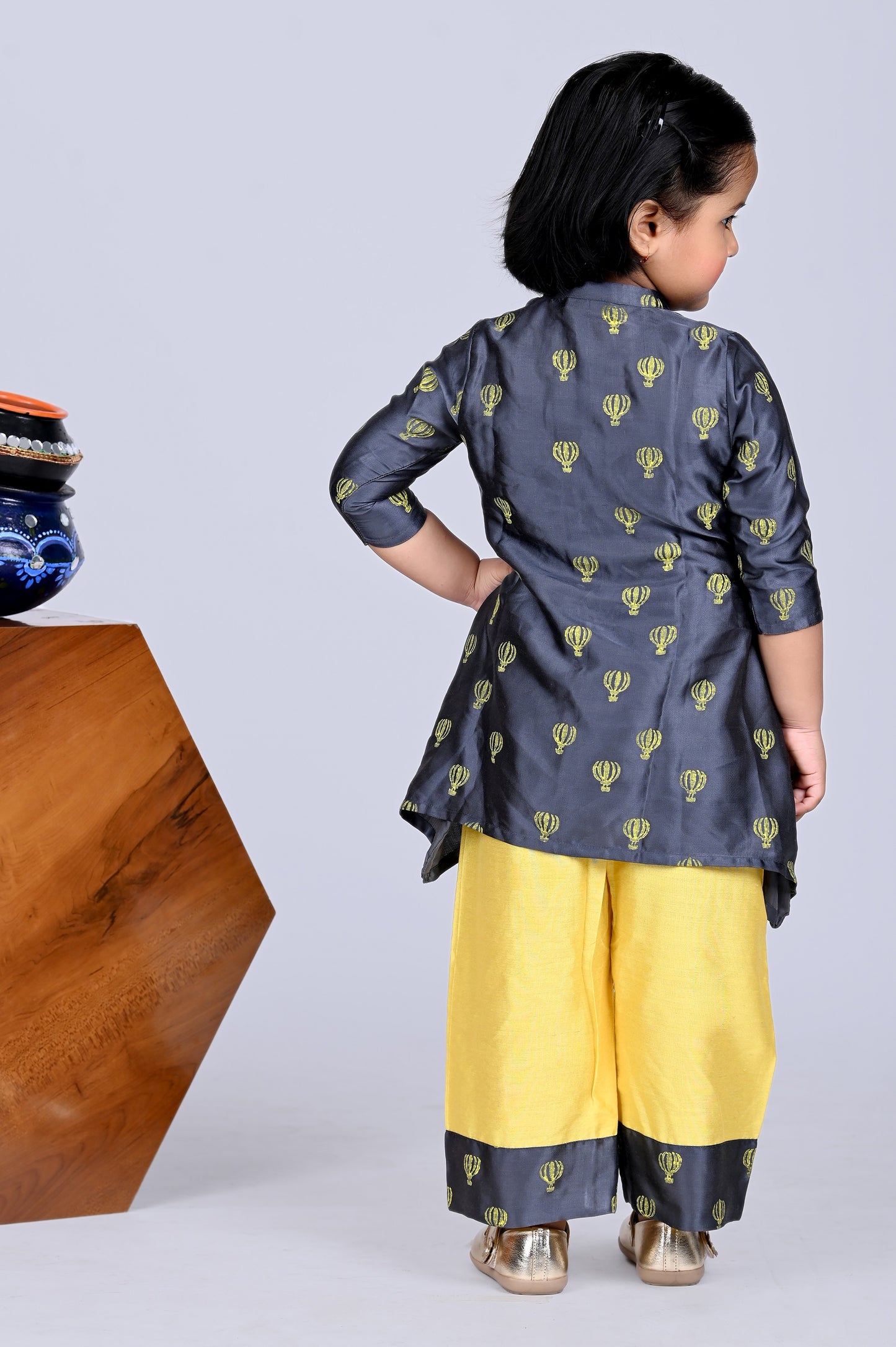 Grey Balloon Printed Assytrimical Kurti With Pant Set