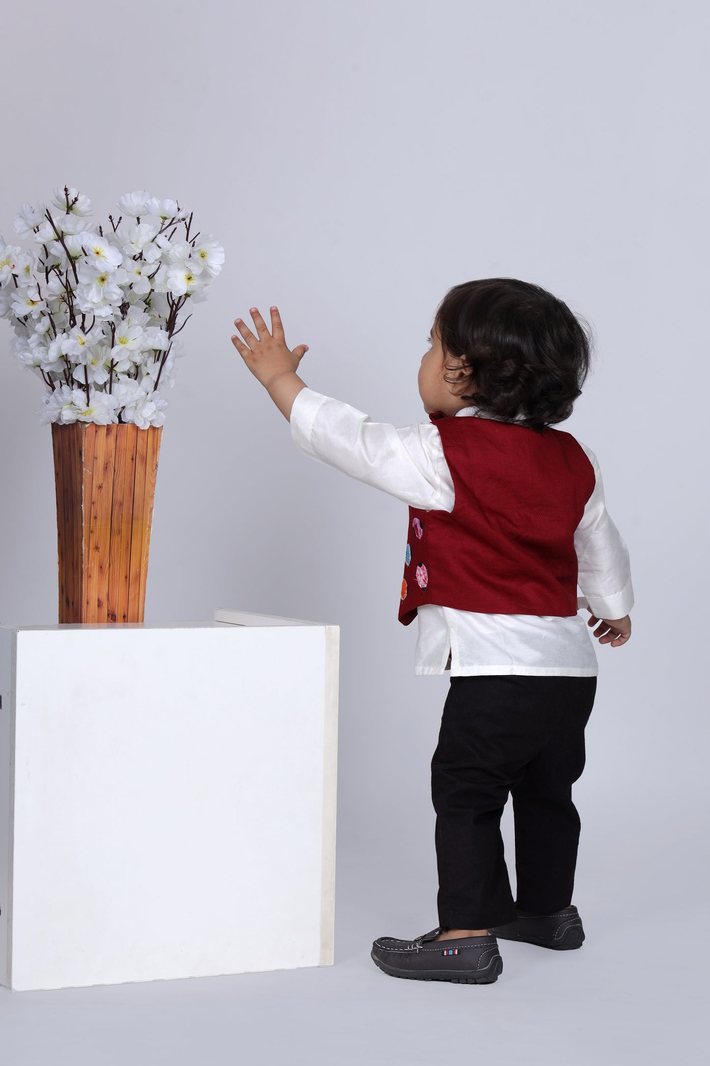 White Shirt Black Pant Maroon Waist Coat With Ladybird Applique Bow Tie Set