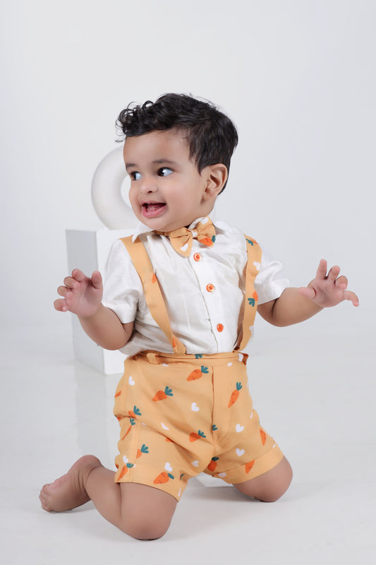 White Half Shirt/Orange Carrot Print  Half Pant Suspenders And Bow Tie Set