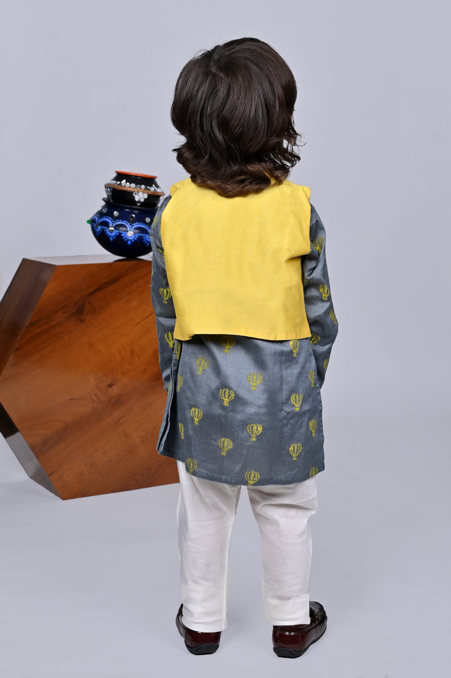 Grey Balloon Printed Kurta With Embroidered Jacket Churidar Set
