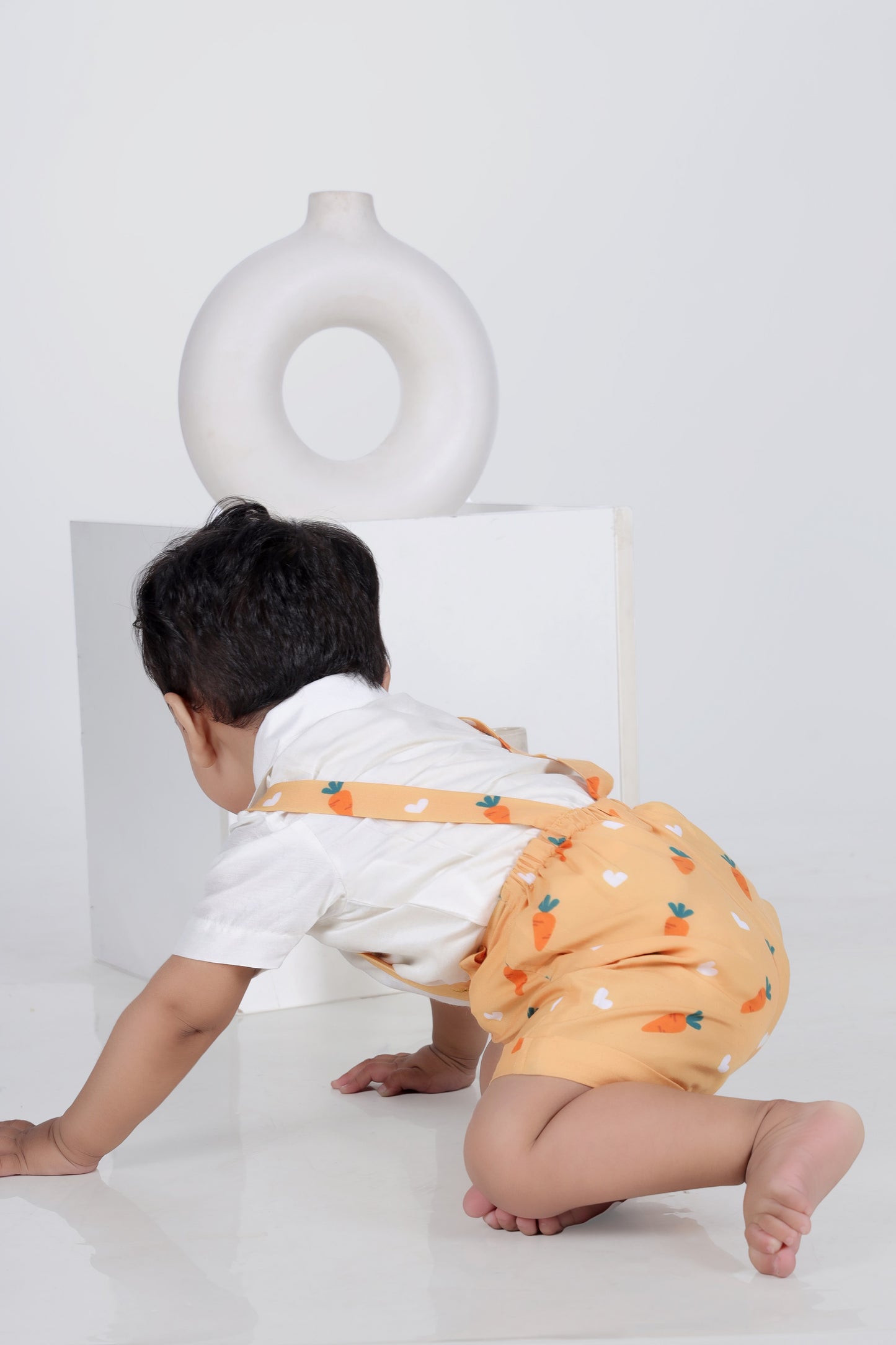 White Half Shirt/Orange Carrot Print  Half Pant Suspenders And Bow Tie Set