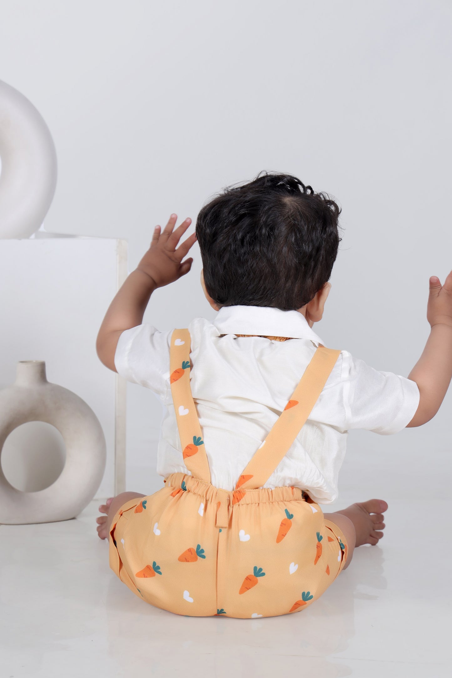 White Half Shirt/Orange Carrot Print  Half Pant Suspenders And Bow Tie Set