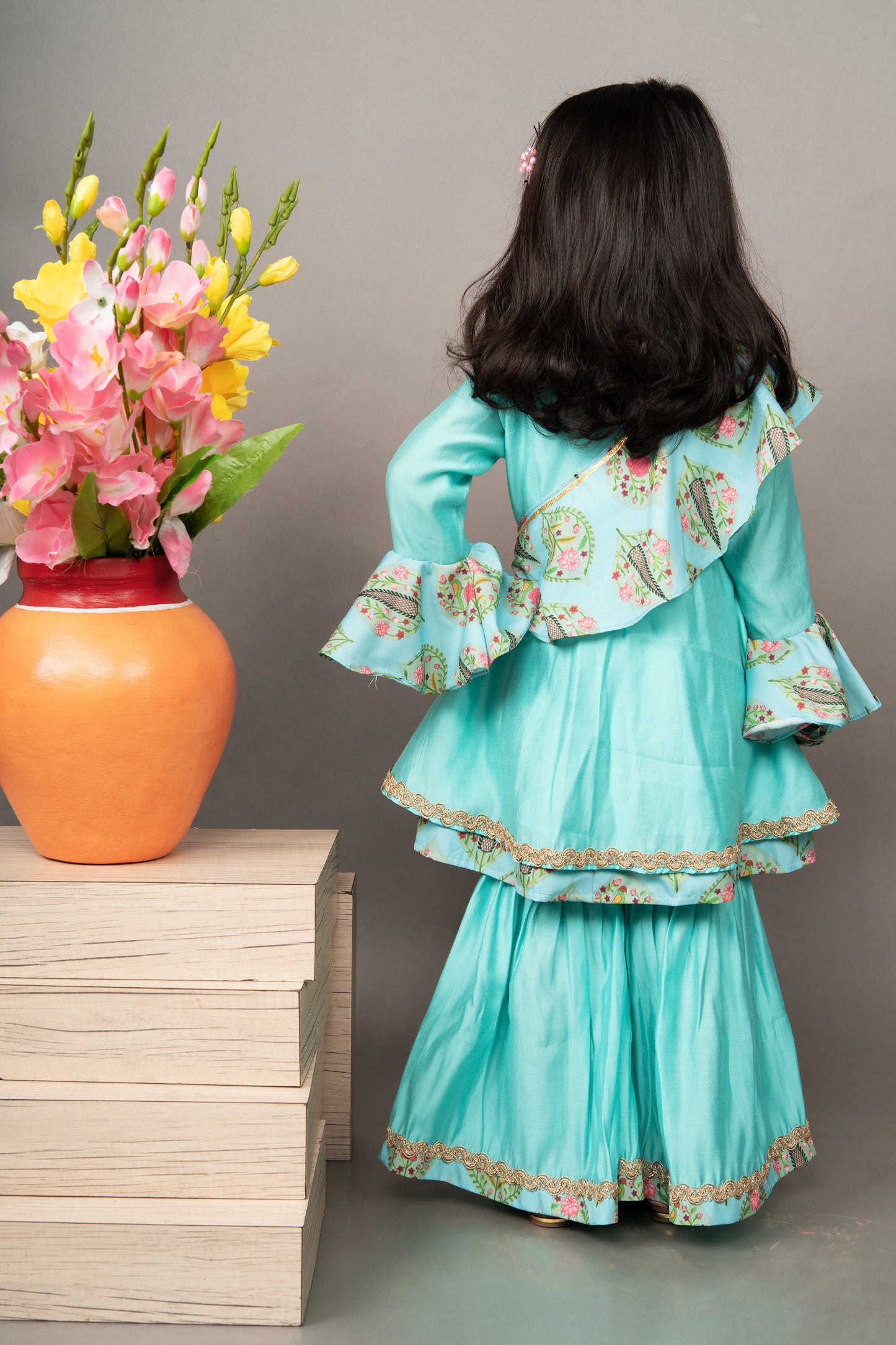 Aqua Blue Hand Embroidery Top With Sharara Set