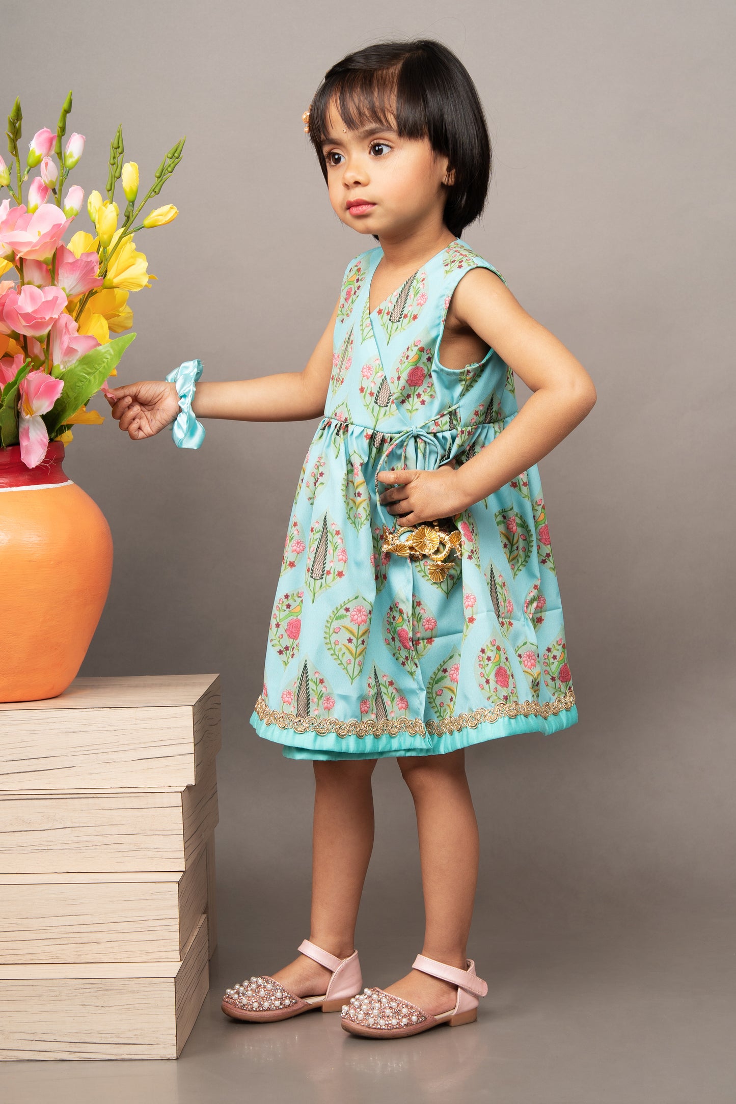 Aqua Blue Traditonal Printed Sleevless Overlap Dress