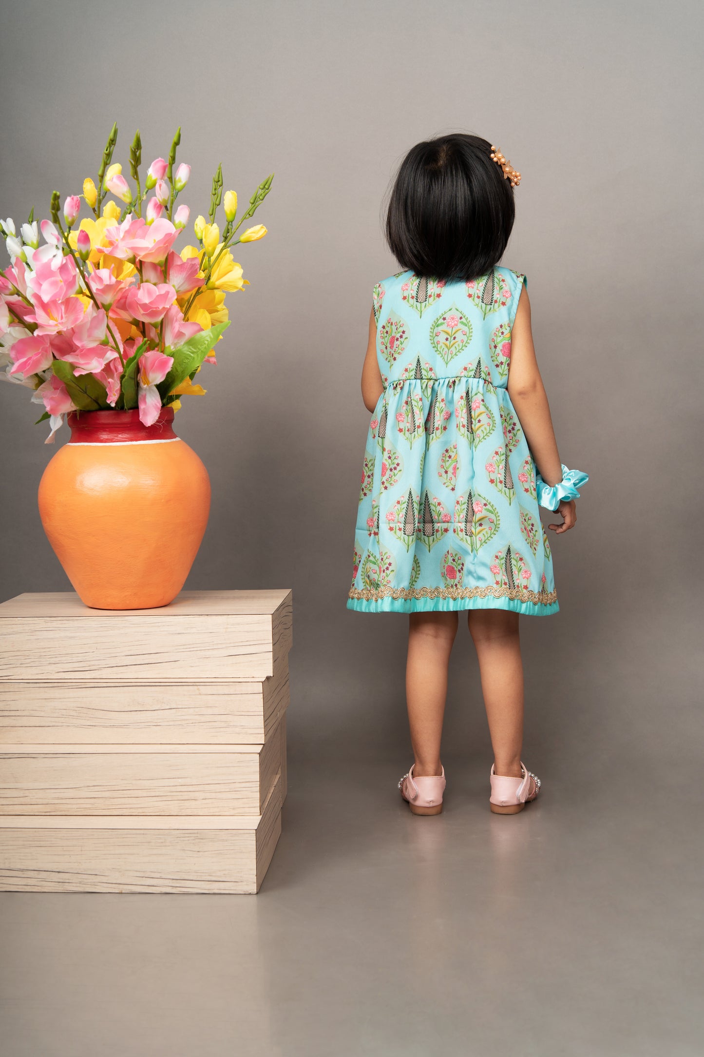 Aqua Blue Traditonal Printed Sleevless Overlap Dress