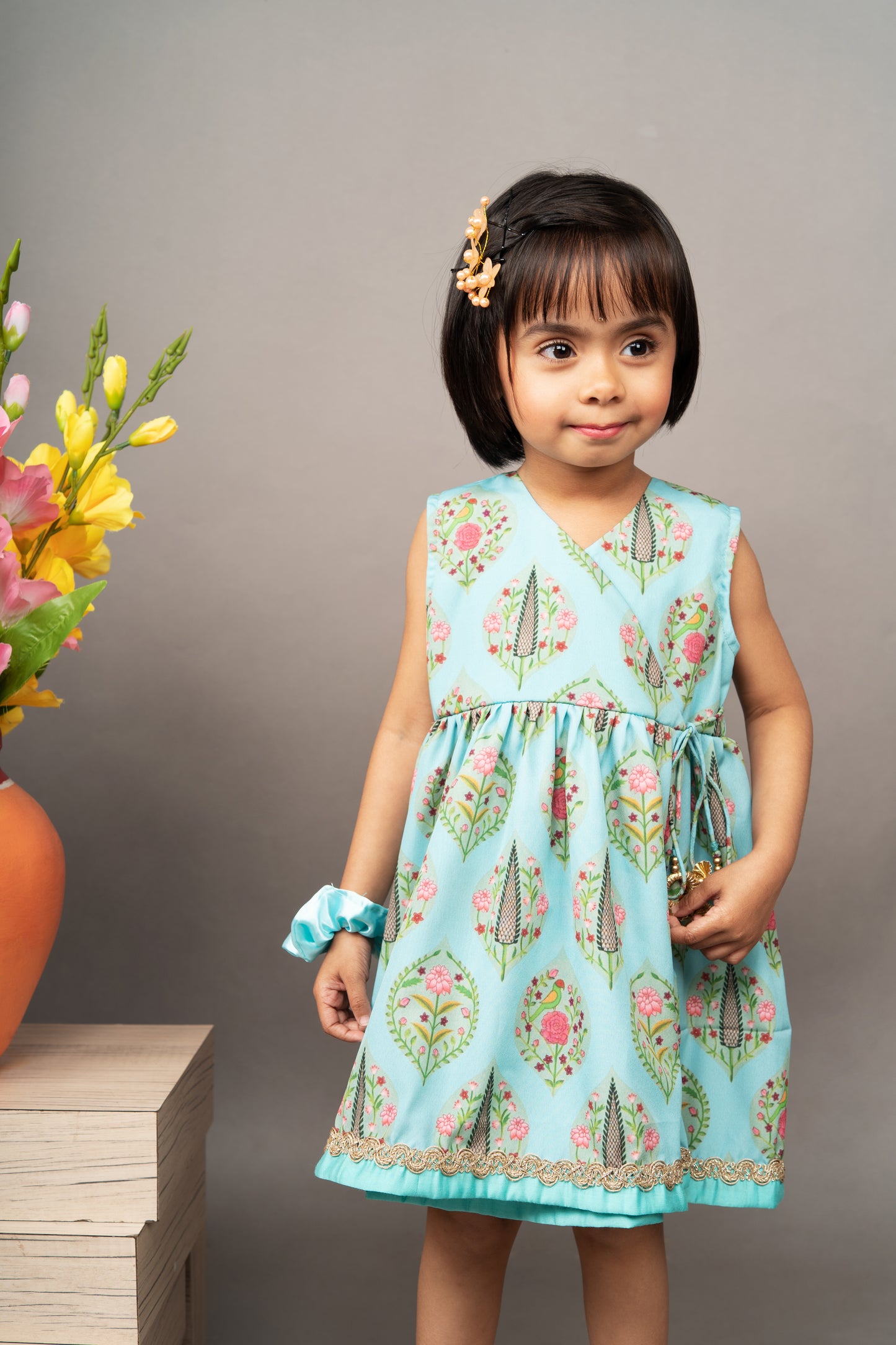 Aqua Blue Traditonal Printed Sleevless Overlap Dress