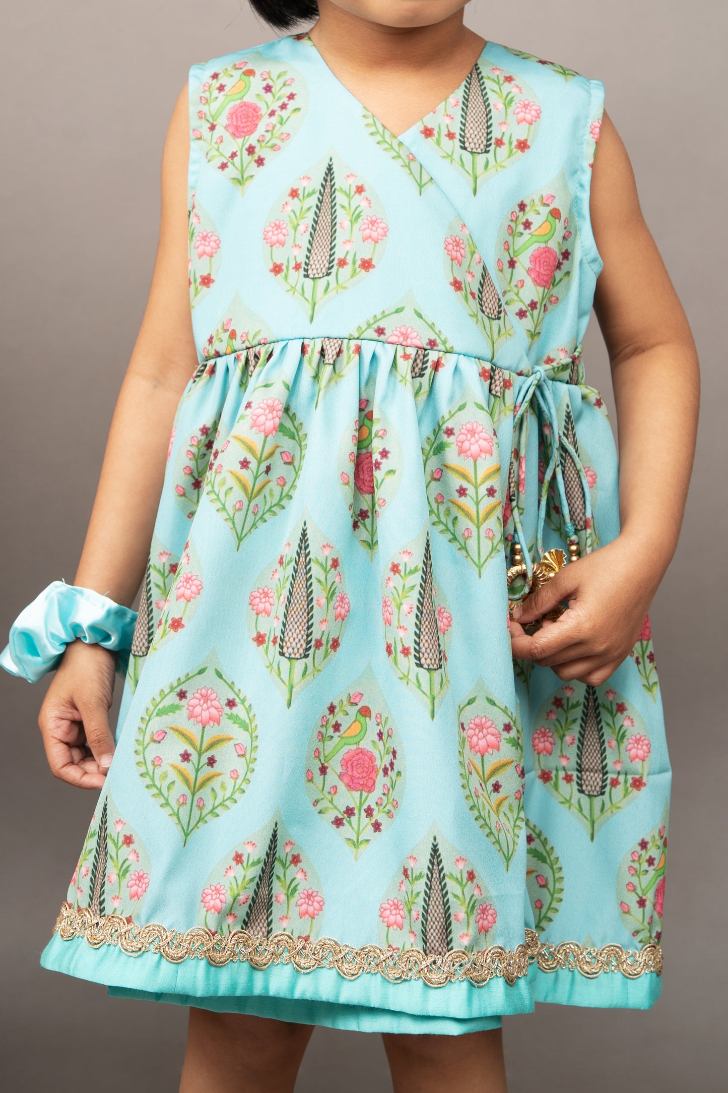 Aqua Blue Traditonal Printed Sleevless Overlap Dress