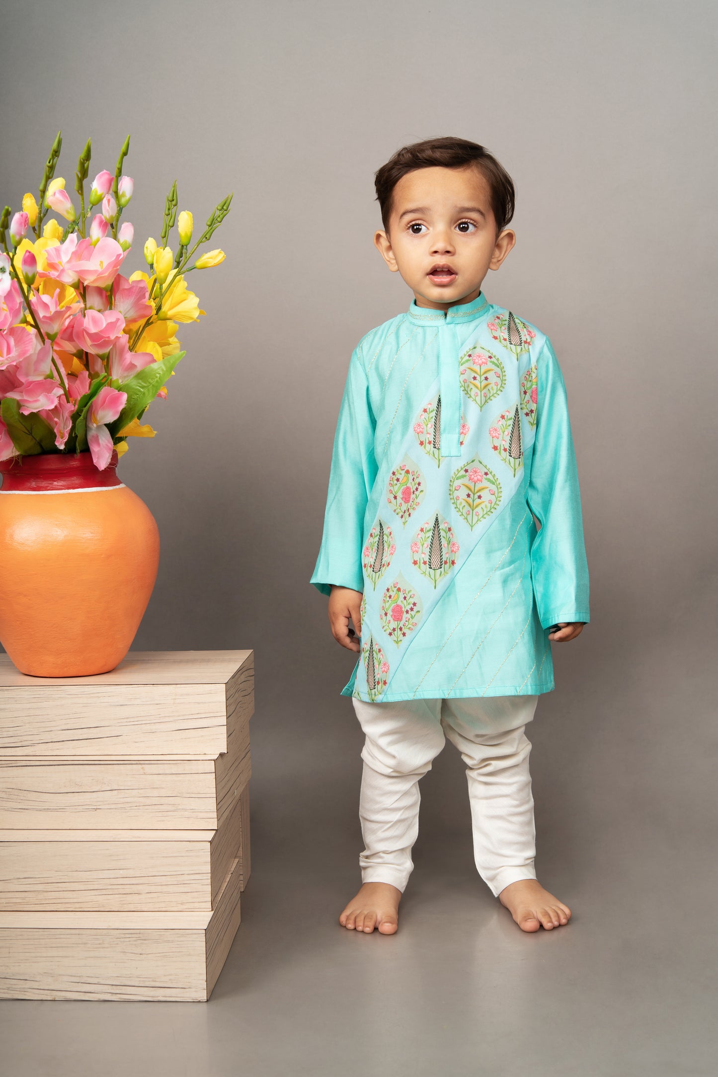 Aqua Blue Traditional Panel Printed Kurta Set