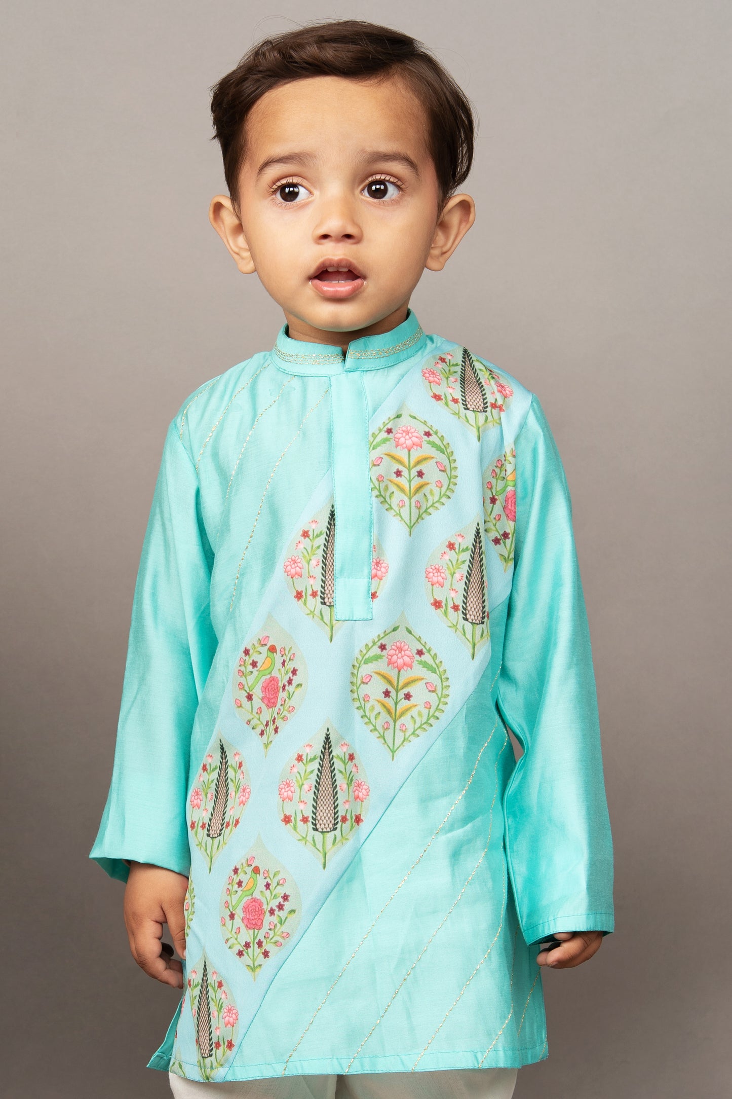 Aqua Blue Traditional Panel Printed Kurta Set